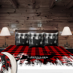 Buffalo Plaid Snowy Forest Stag Deer Family Name Sherpa Blanket