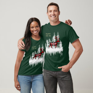 Buffalo Plaid Snowy Forest Stag Ho Ho Family Name T-Shirt