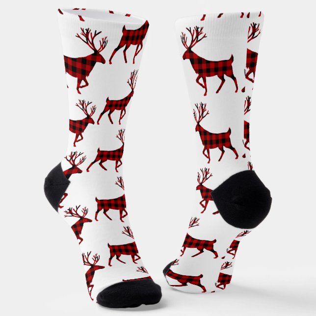 Buffalo Plaid Stag Reindeer Socks (Angled)
