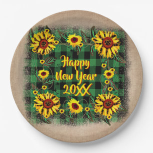 Buffalo Plaid Sunflower Happy New Year 20xx 9"     Paper Plate