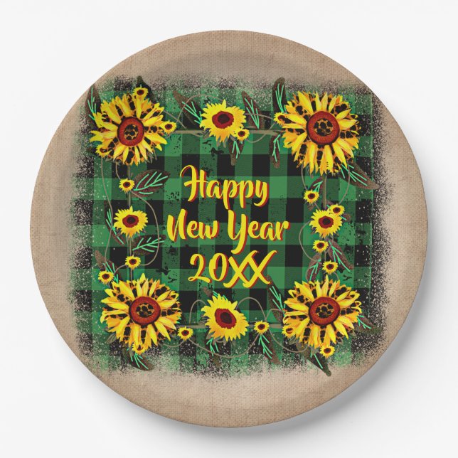 Buffalo Plaid Sunflower Happy New Year 20xx 9"     Paper Plate (Front)