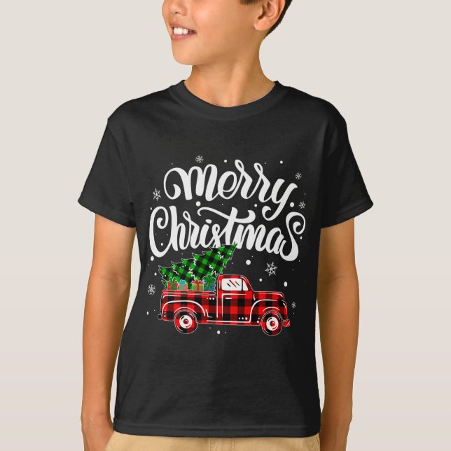 Buffalo Plaid Truck Wagon Christmas Tree Car Xmas  T-Shirt (Front)