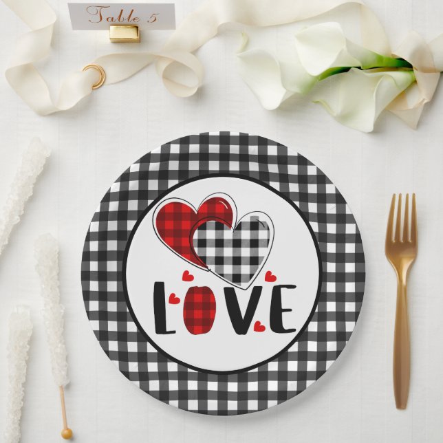 Buffalo Plaid Valentines Love  Paper Plate (Wedding)