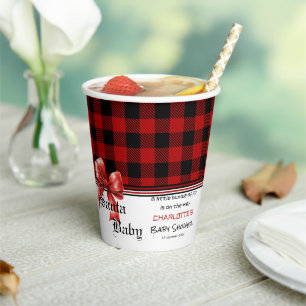 Buffalo Plaid Watercolor Red Bow Baby Shower Paper Cups
