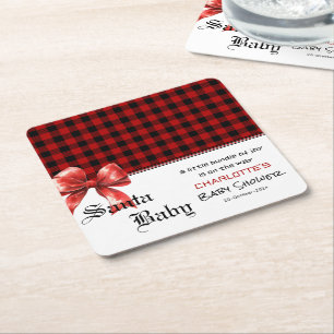 Buffalo Plaid Watercolor Red Bow Baby Shower Square Paper Coaster