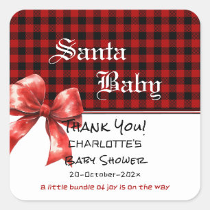 Buffalo Plaid Watercolor Red Bow Baby Shower Square Sticker