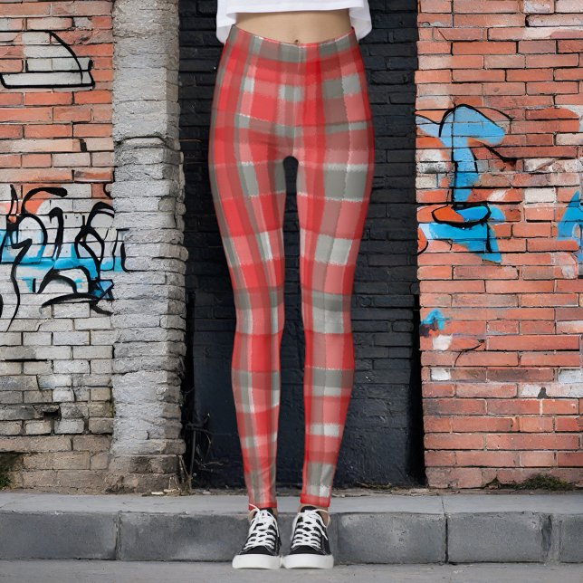 Buffalo plaid watercolor tartan red grey check   leggings (Creator Uploaded)