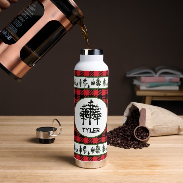 Buffalo Plaid With Evergreen Border Water Bottle (Coffee)