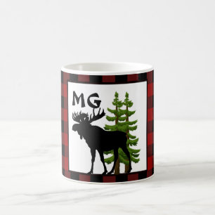 Buffalo Plaid with Monogram and Moose Design Coffee Mug