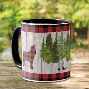 Buffalo Plaid Wolf Christmas Trees on Wood Mug