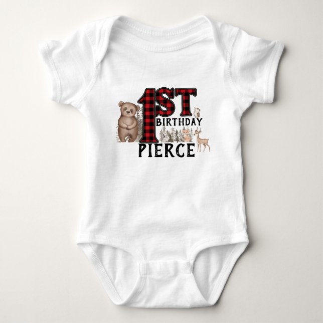 Buffalo Plaid Woodland Animals 1st Birthday Baby Bodysuit (Front)
