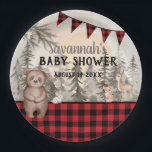 Buffalo Plaid woodland animals Baby shower Paper Plate<br><div class="desc">Buffalo Plaid woodland collection

Baby Shower Paper plates
Buffalo plaid meets woodland animals
Bear,  Deer,  Fox,  Bunny and Owl</div>