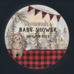 Buffalo Plaid woodland animals Baby shower Paper Plate<br><div class="desc">Buffalo Plaid woodland collection

Baby Shower Paper plates
Buffalo plaid meets woodland animals
Bear,  Deer,  Fox,  Bunny and Owl</div>
