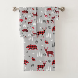 Buffalo Plaid Woodland Animals Pattern Bath Towel Set