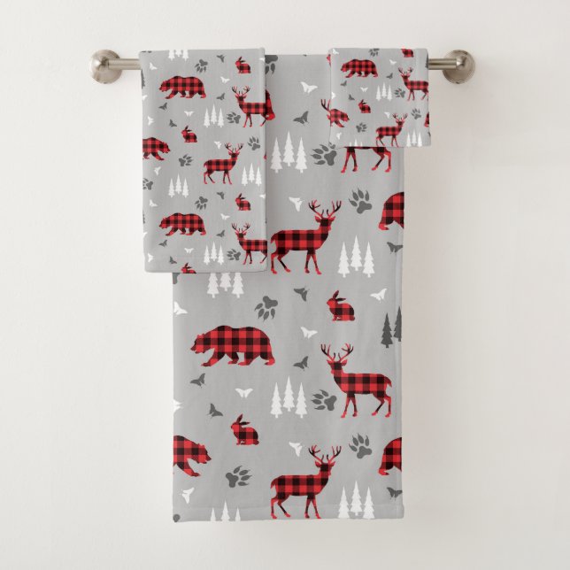 Buffalo Plaid Woodland Animals Pattern Bath Towel Set (Insitu)