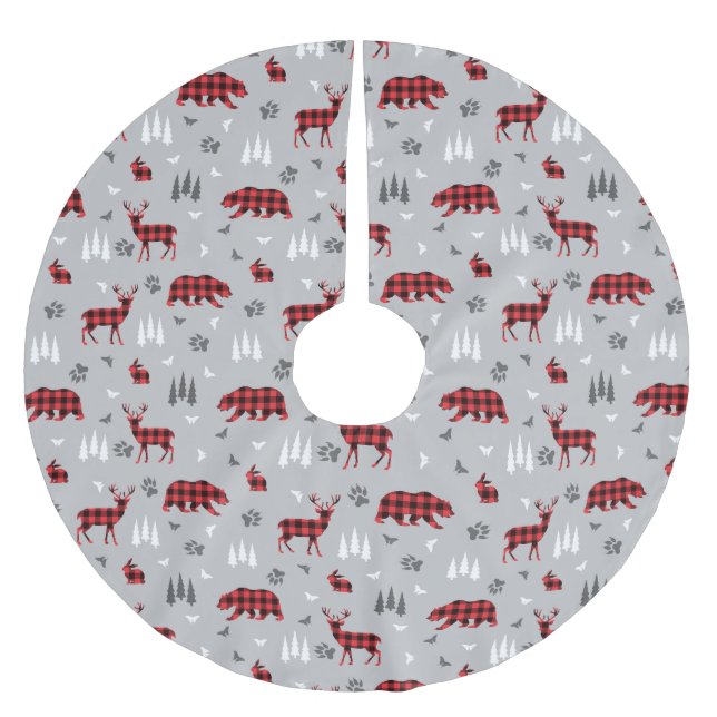 Buffalo Plaid Woodland Animals Pattern Brushed Polyester Tree Skirt (Front)