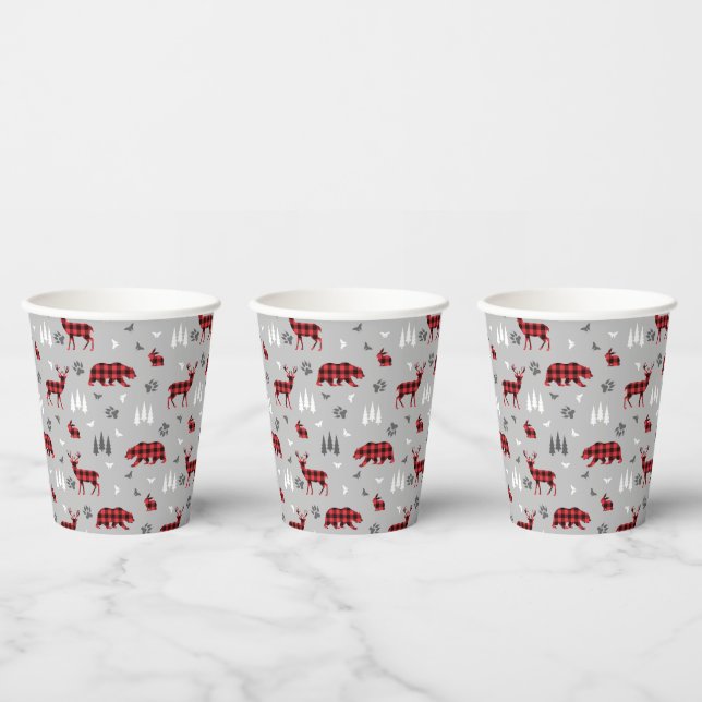 Buffalo Plaid Woodland Animals Pattern Paper Cups (Multi)
