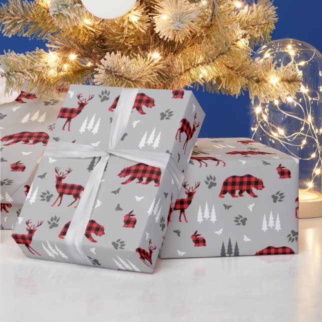 Buffalo Plaid Woodland Animals Pattern Wrapping Paper (Holidays)