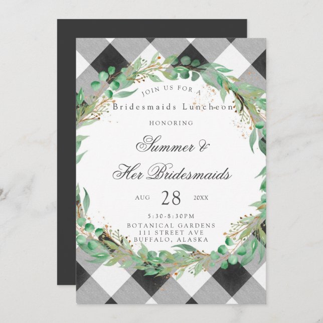Buffalo Plaid Wreath Gold Bridesmaids Luncheon Invitation (Front/Back)