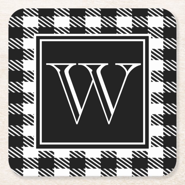 Buffalo Plaid Your Colour & Monogram Square Paper Coaster (Front)