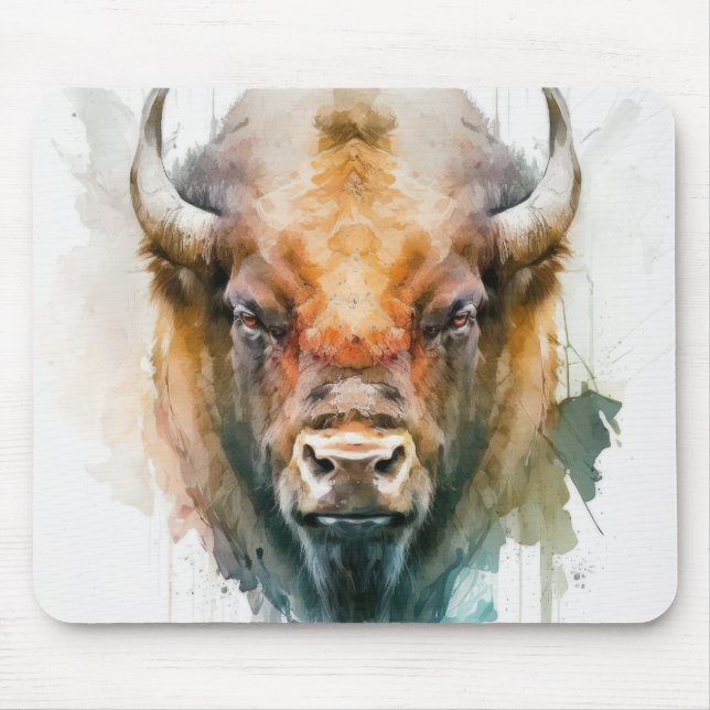 Buffalo Portrait Animal Painting Wildlife Outdoors Mouse Pad (Front)