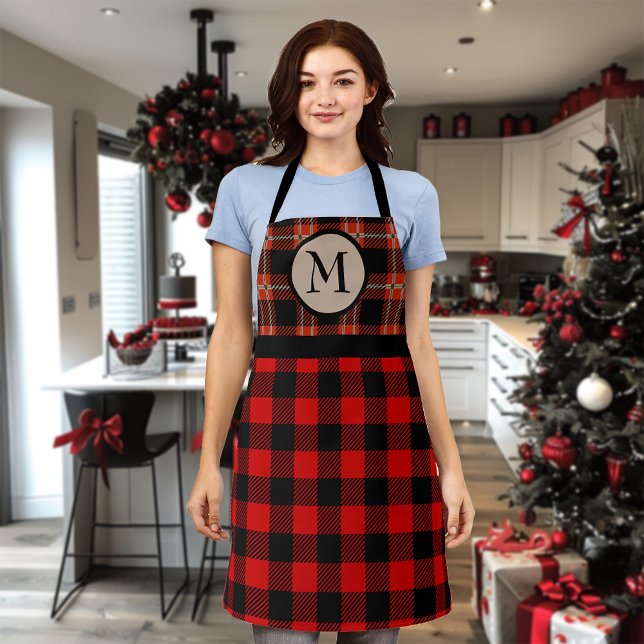 Buffalo Red Black Plaid Holiday Monogram Apron (Creator Uploaded)