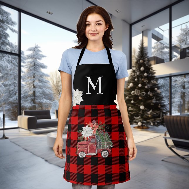 Buffalo Red Black Plaid Holiday Monogram Truck Apron (Creator Uploaded)