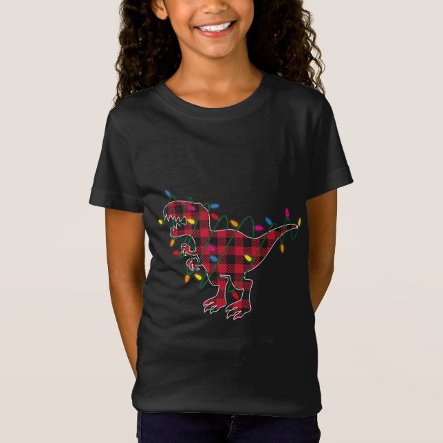 Buffalo Red Plaid Dinosaur T Rex Christmas Lights  T-Shirt (Front)