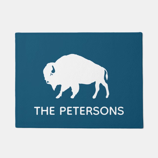 Buffalo Silhouette Personalised Blue and White Doormat (Front)