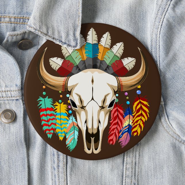 Buffalo Skull Native American Emblem 6 Cm Round Badge (In Situ)