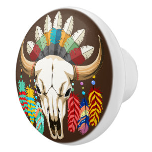 Buffalo Skull Native American Emblem Ceramic Knob
