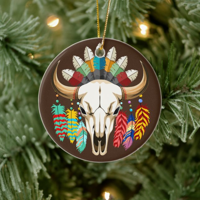 Buffalo Skull Native American Emblem Ceramic Tree Decoration (Tree)