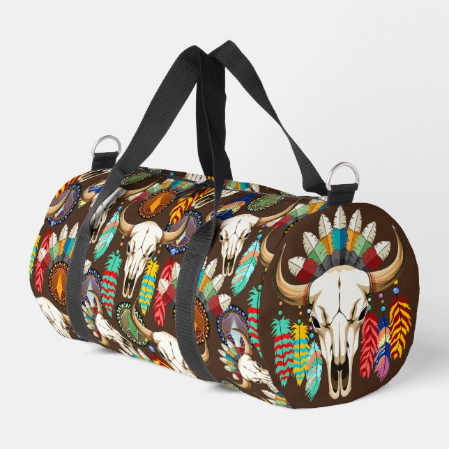 Buffalo Skull Native American Emblem Duffle Bag (Left Corner)