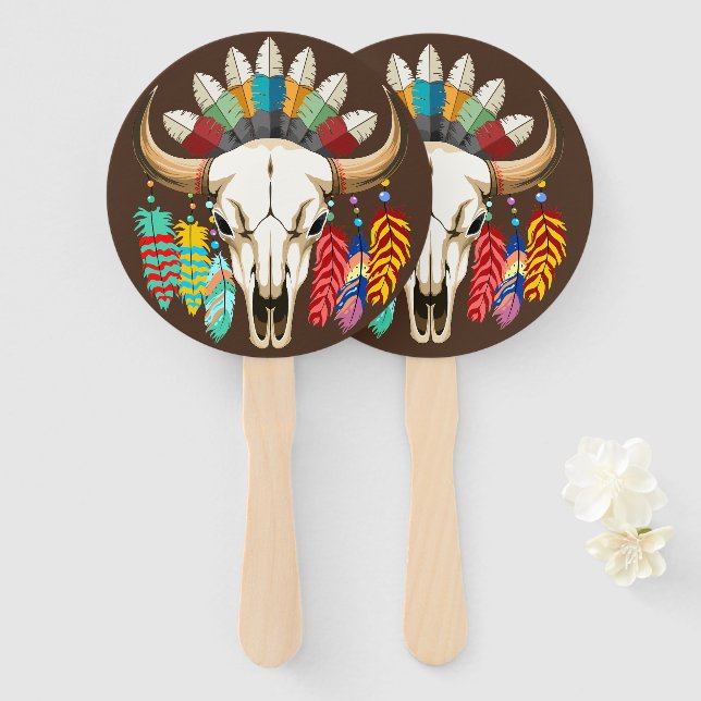 Buffalo Skull Native American Emblem Hand Fan (Front and Back)