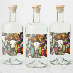 Buffalo Skull Native American Emblem Liquor Bottle Label