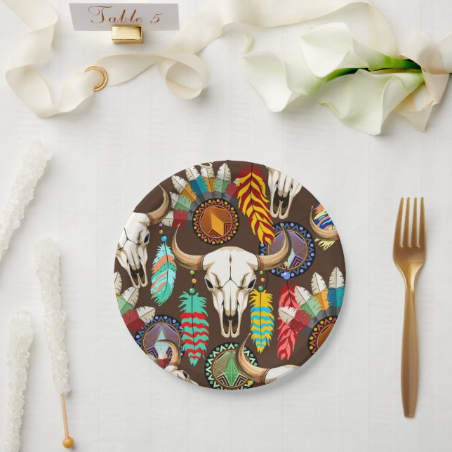 Buffalo Skull Native American Emblem Paper Plate (Wedding)