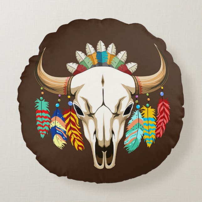 Buffalo Skull Native American Emblem Round Cushion (Front)