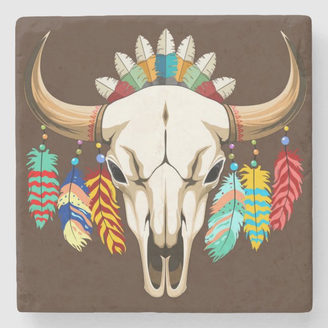 Buffalo Skull Native American Emblem Stone Coaster (Front)