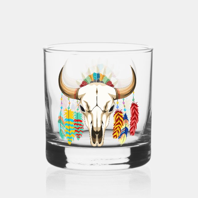 Buffalo Skull Native American Emblem Whiskey Glass (Front)