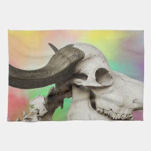 Buffalo Skull on a Watercolor Background Tea Towel