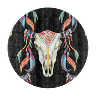 Buffalo Skull: Watercolor Black Background. Cutting Board