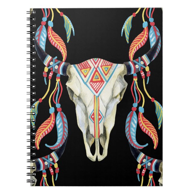 Buffalo Skull: Watercolor Black Background. Notebook (Front)