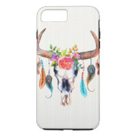 Buffalo Skull With Feather And Flowers