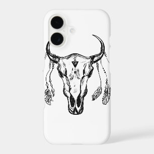 Buffalo Skull With Feathers. Hand Drawn Sketch.