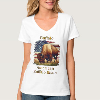 Buffalo Standing in Front of American Flag T-Shirt