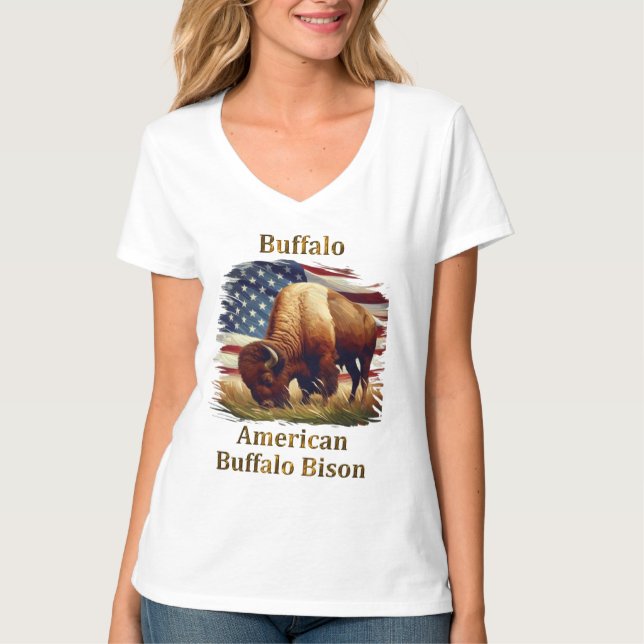 Buffalo Standing in Front of American Flag T-Shirt (Front)