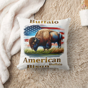 Buffalo Standing in Grass Field With American Flag Cushion