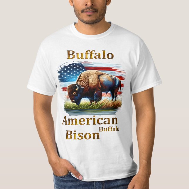 Buffalo Standing in Grass Field With American Flag T-Shirt (Front)