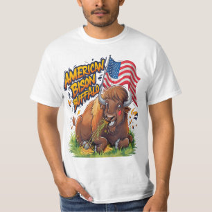 Buffalo Standing in Grass Field With American Flag T-Shirt
