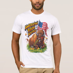 Buffalo Standing in Grass Field With American Flag T-Shirt